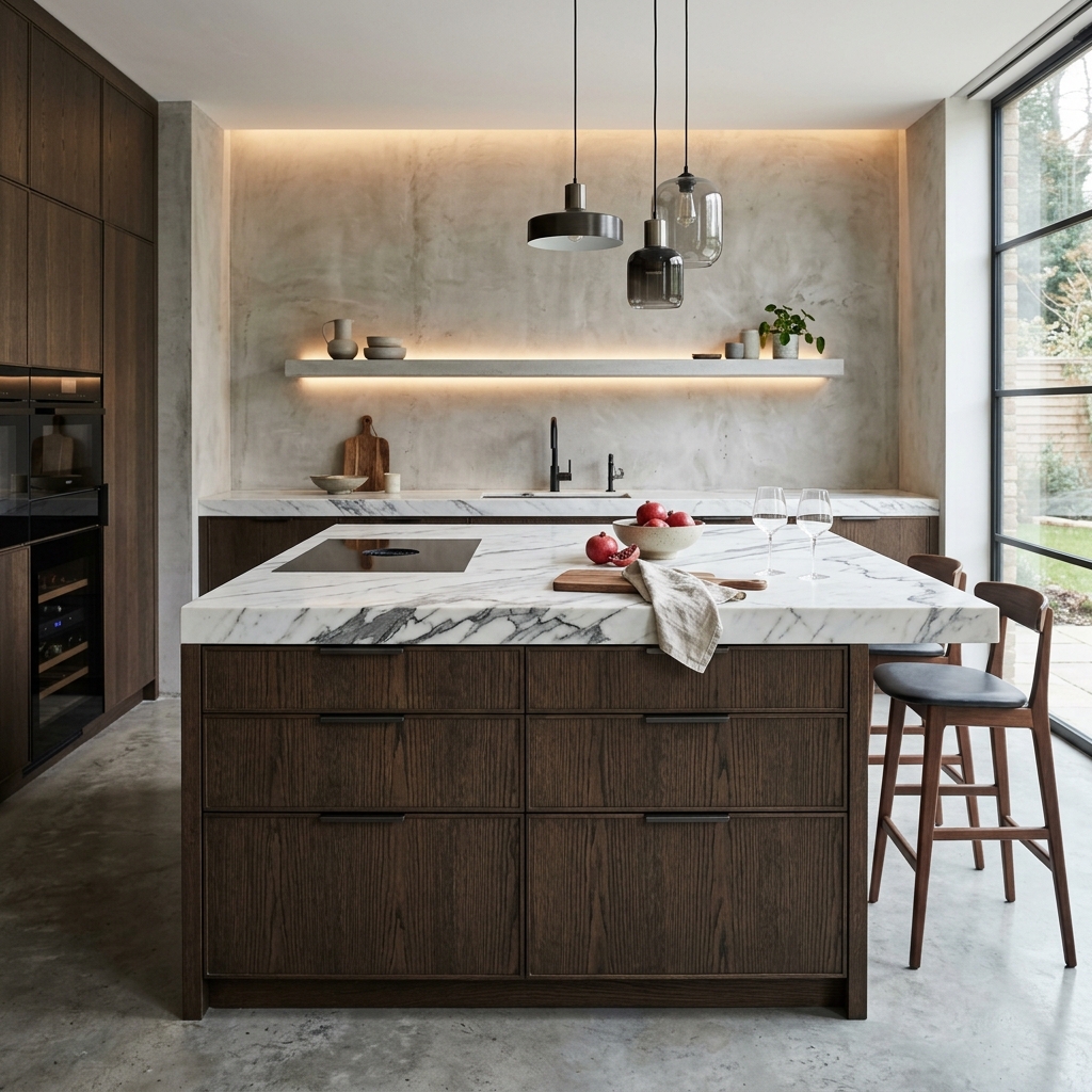 Marble Kitchen Collection - Upscale kitchen setup, polished white marble-top counter island, dark oak bases