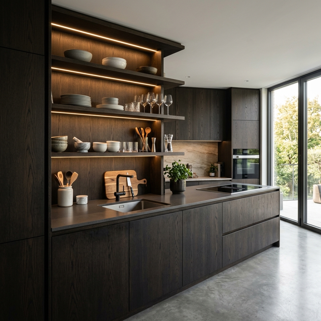 Oak Kitchen Collection - Modern luxury oak dark-stained kitchen cabinets with warm shelf illumination